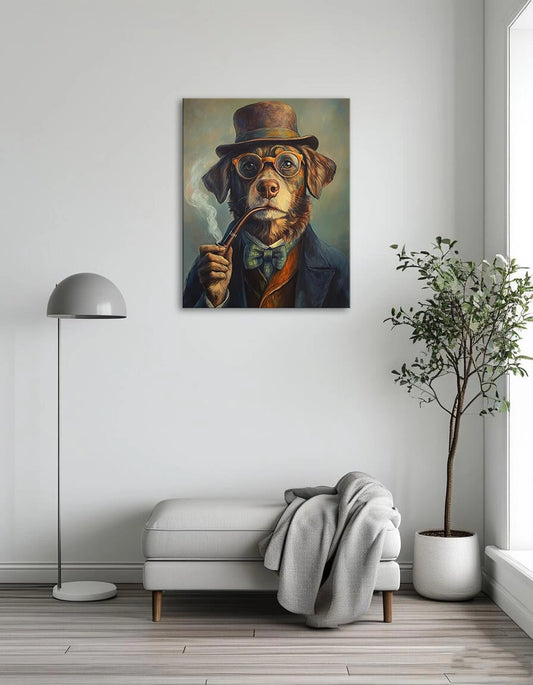 A whimsical painting of a dog adorned with a top hat and glasses, exuding charm and personality.