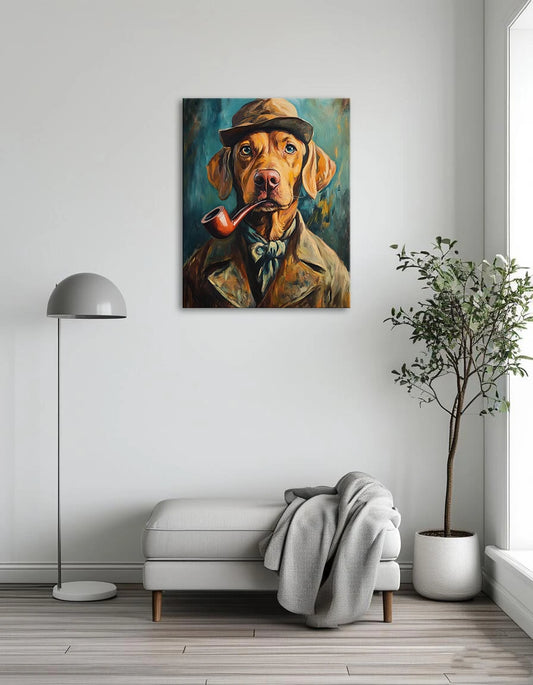 A whimsical painting of a dog wearing a hat and holding a pipe, showcasing a playful and charming character.
