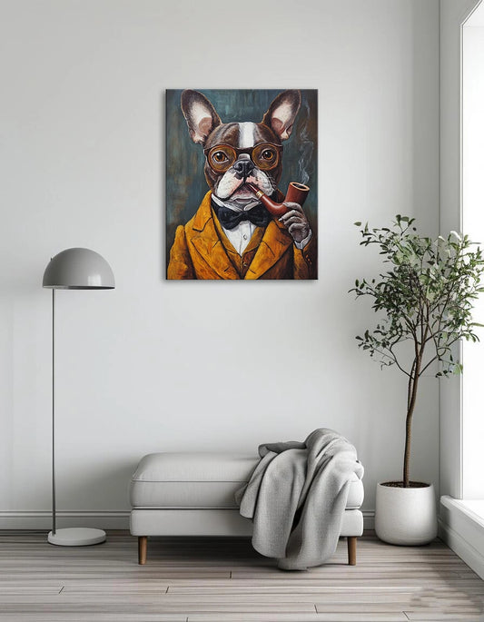 A whimsical painting of a dog wearing glasses and a bow tie, showcasing its playful and charming personality.