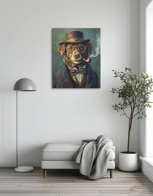 A whimsical painting of a dog adorned with a top hat and glasses, exuding charm and personality.