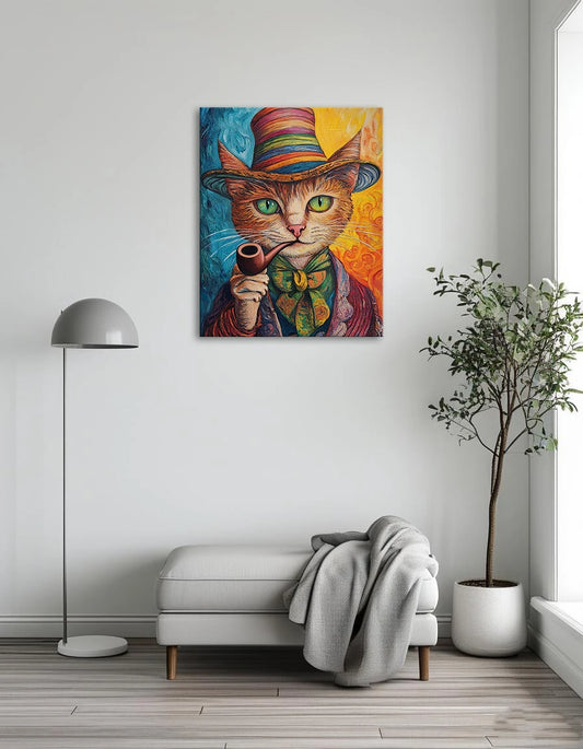 A whimsical painting of a cat in a hat, elegantly holding a pipe, showcasing a playful and charming character.