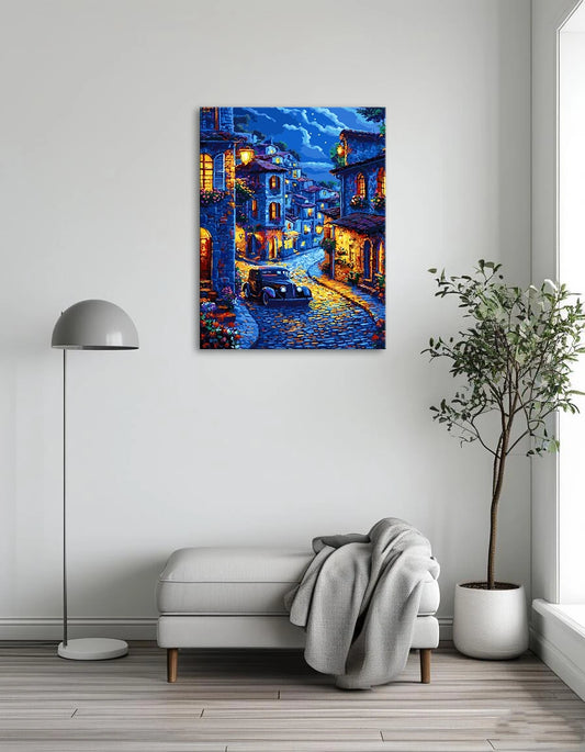 A nighttime painting depicting a quiet street illuminated by streetlights, featuring a parked car.