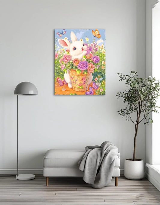 A whimsical painting featuring a bunny nestled among bright flowers and playful butterflies in a sunny outdoor setting.