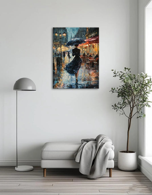 A colorful painting shows a woman walking in the rain, gracefully holding an umbrella amidst a gentle downpour.