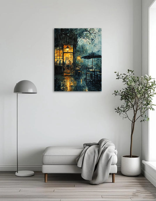 A vibrant painting of a cafe under rain, showcasing people enjoying coffee while raindrops create a serene ambiance.