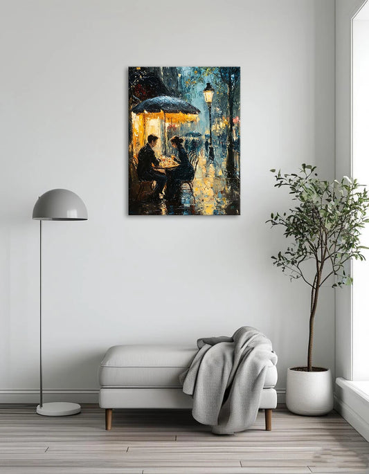 A painting depicting two people enjoying a conversation at an outdoor table, shaded by a large umbrella.