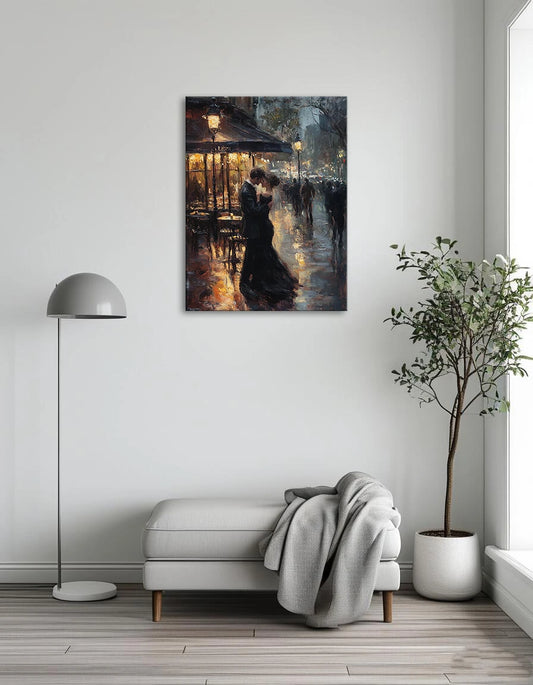 A couple kisses passionately in the rain, surrounded by a dreamy, colorful backdrop that enhances their romantic moment.