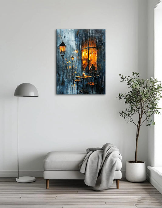 A cozy cafe scene painted in soft colors, with raindrops falling and reflections on the wet pavement.