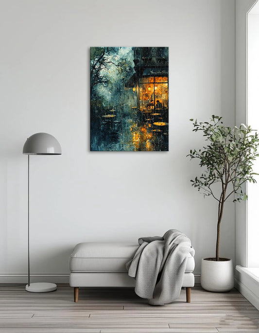 A cozy cafe scene painted in soft colors, with raindrops falling and reflections on the wet pavement.