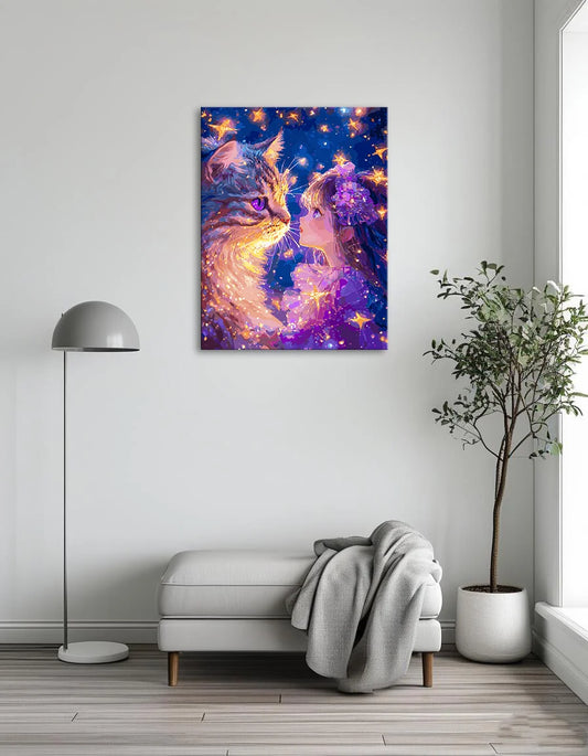 A girl and her cat gaze at the starry night sky, surrounded by twinkling stars and a serene atmosphere.