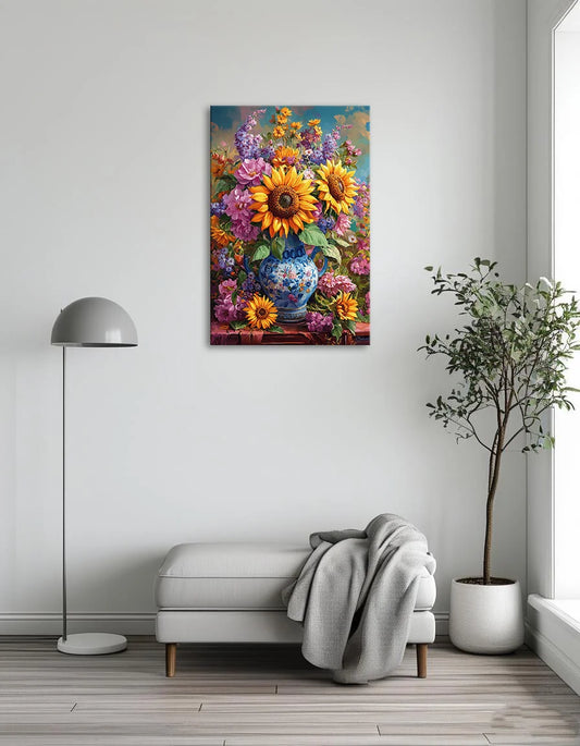 A vibrant painting of a vase filled with sunflowers and assorted colorful flowers.
