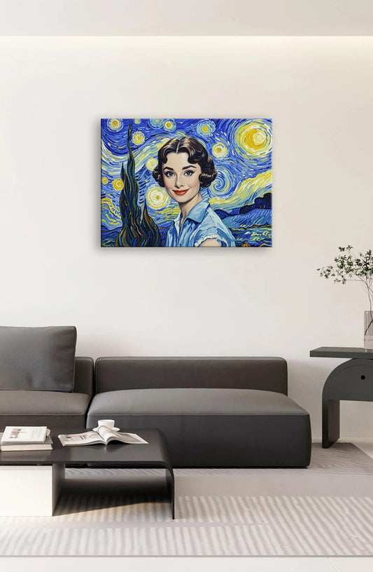 Audrey Hepburn stands gracefully against a backdrop of a starry night, embodying elegance and timeless beauty.