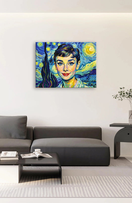 A painting depicting a woman with a starry night sky as her backdrop, showcasing vibrant colors and a serene expression.