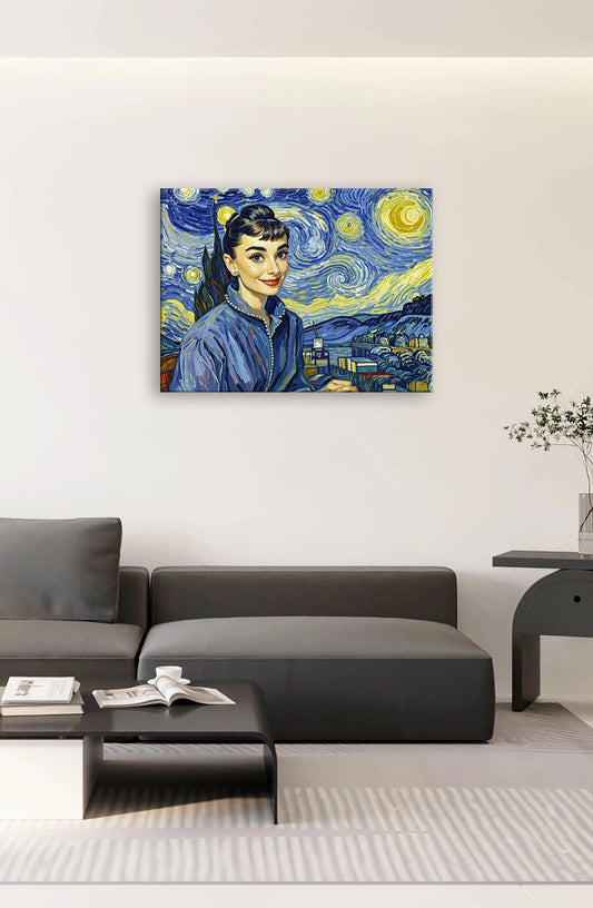A painting depicting a woman against a backdrop of a starry night sky, showcasing vibrant colors and serene expression.