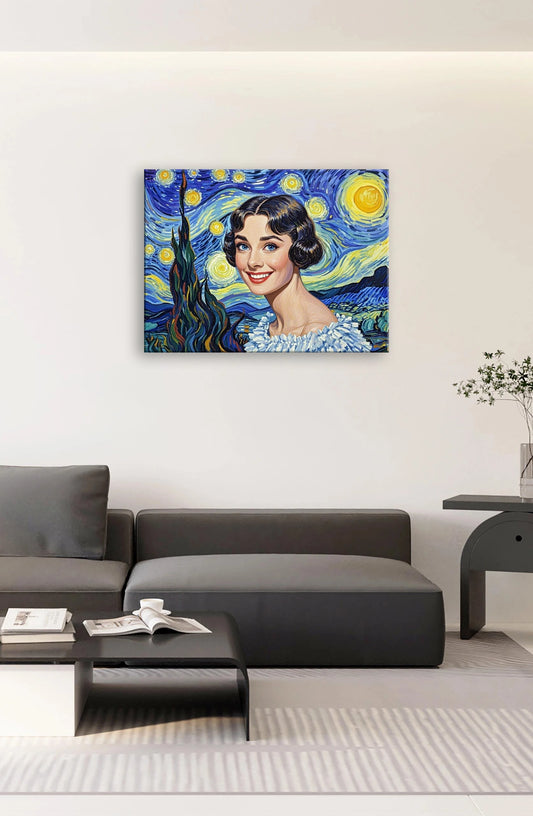 Painting of Audrey Hepburn styled like Van Gogh's "Starry Night," featuring swirling stars and vibrant colors.