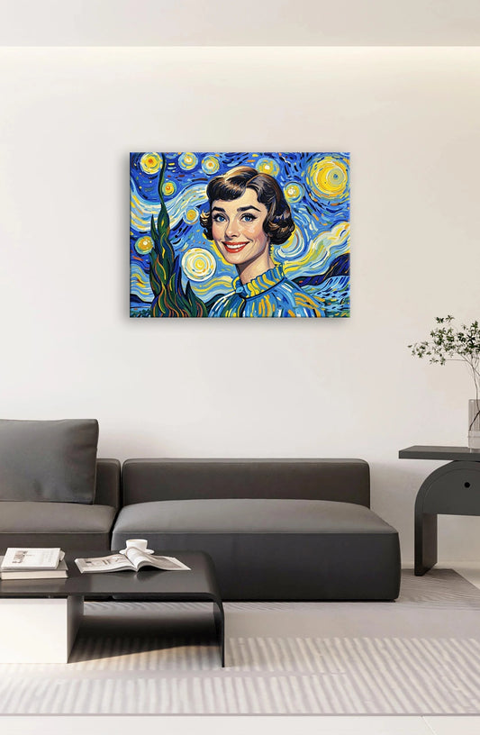 Painting of Audrey Hepburn styled like Van Gogh's Starry Night, featuring swirling stars and vibrant colors.