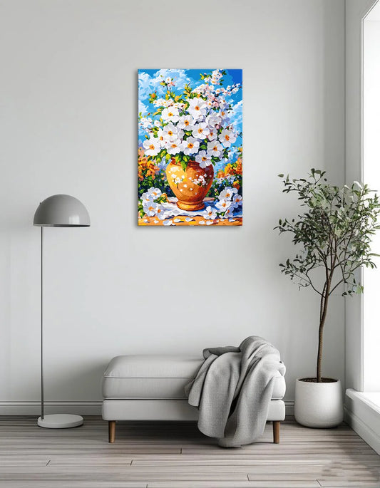 A painting featuring a vase filled with delicate white flowers against a soft background.