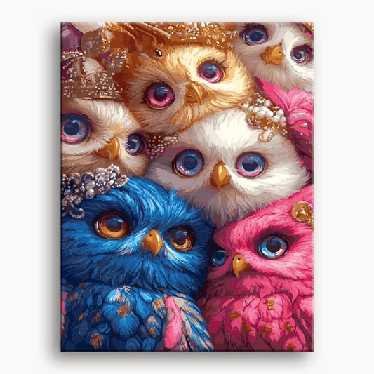 A vibrant group of owls with large, expressive eyes perched together on a branch.