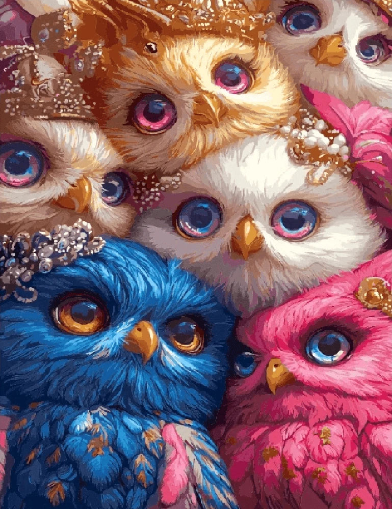 A vibrant group of owls with large, expressive eyes perched together on a branch.