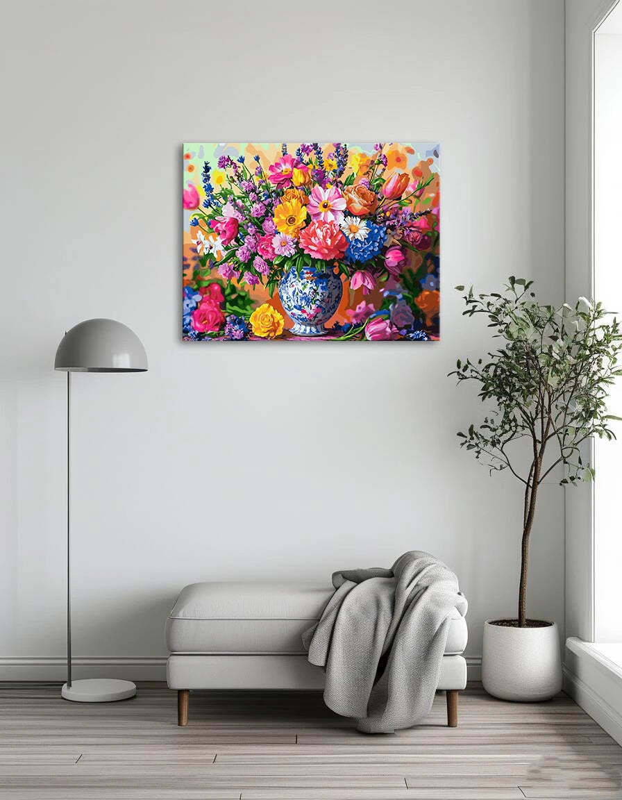 A vibrant painting of a colorful bouquet featuring various flowers in full bloom.