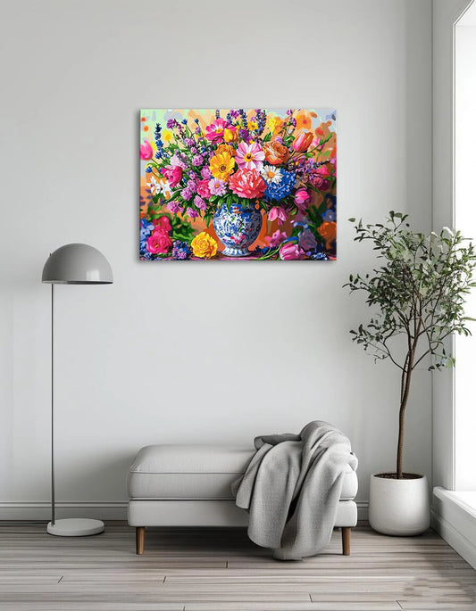 A vibrant painting of a colorful bouquet featuring various flowers in full bloom.