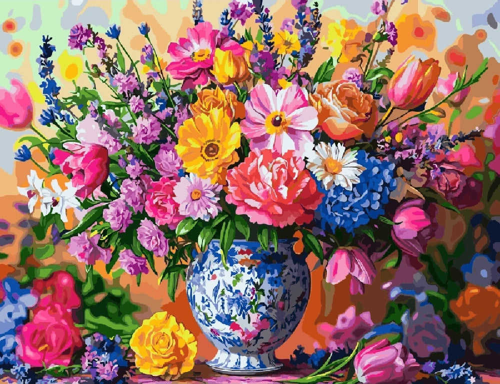A vibrant painting of a colorful bouquet featuring various flowers in full bloom.