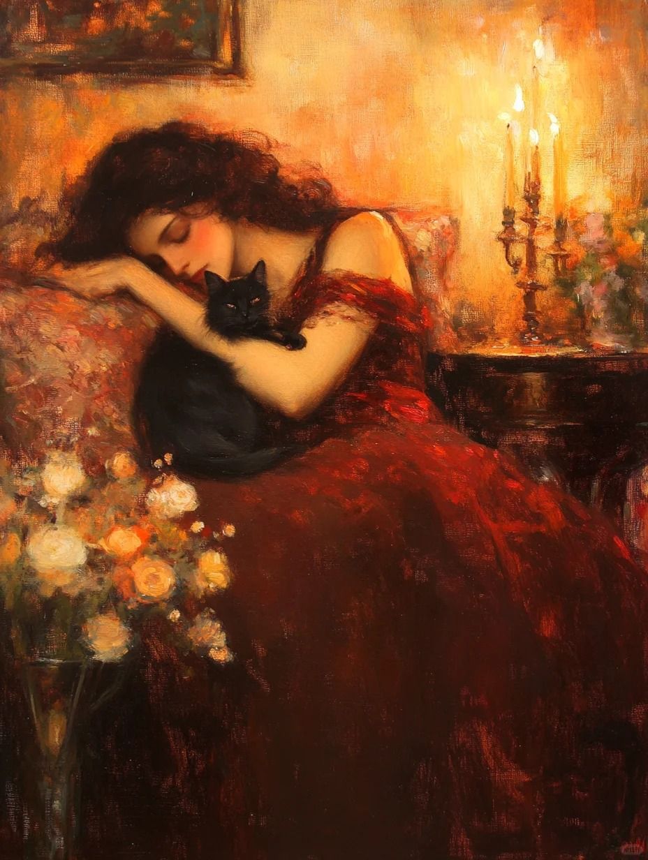 A sleeping beauty and a cat 6