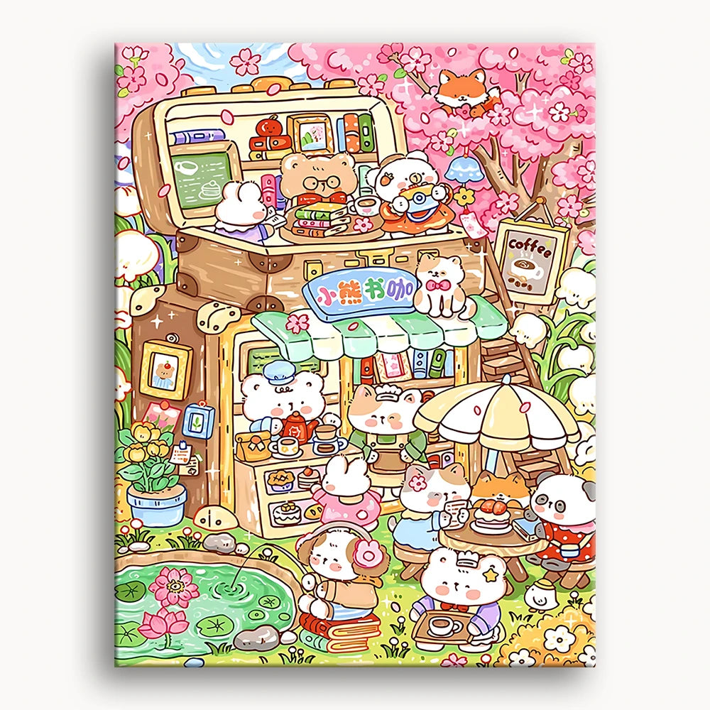 A colorful cartoon of a cafe filled with various playful cats lounging and interacting with each other and customers.
