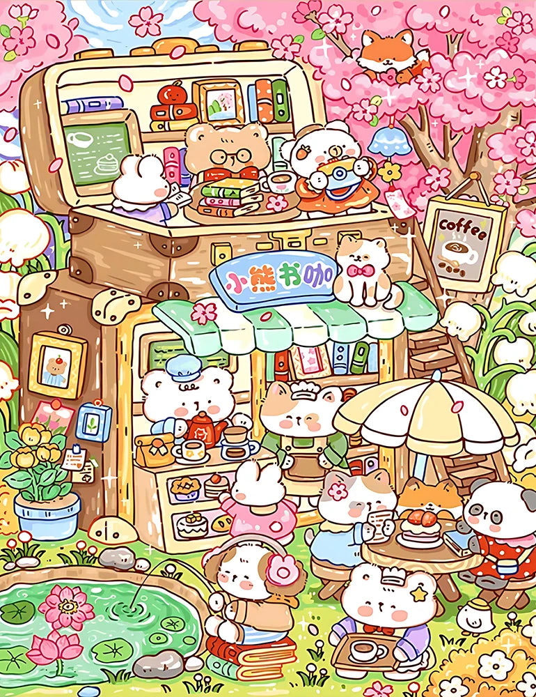 A colorful cartoon of a cafe filled with various playful cats lounging and interacting with each other and customers.