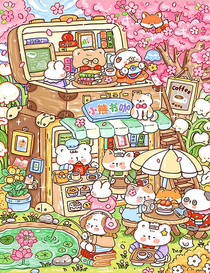 A colorful cartoon of a cafe filled with various playful cats lounging and interacting with each other and customers.