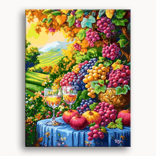 A still life painting featuring a cluster of grapes and a glass of wine on a wooden table.