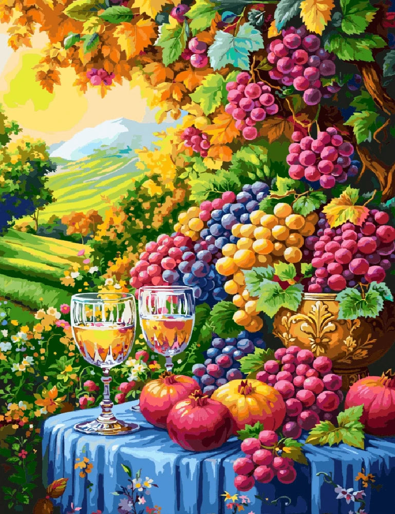 A still life painting featuring a cluster of grapes and a glass of wine on a wooden table.