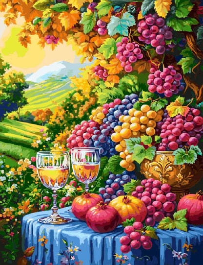 A still life painting featuring a cluster of grapes and a glass of wine on a wooden table.