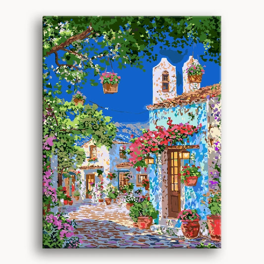 A colorful painting of a house surrounded by vibrant flowers and lush plants in a sunny garden setting.
