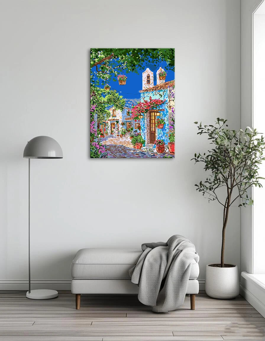 A colorful painting of a house surrounded by vibrant flowers and lush plants in a sunny garden setting.
