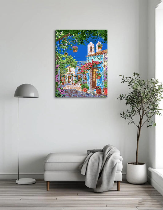 A colorful painting of a house surrounded by vibrant flowers and lush plants in a sunny garden setting.
