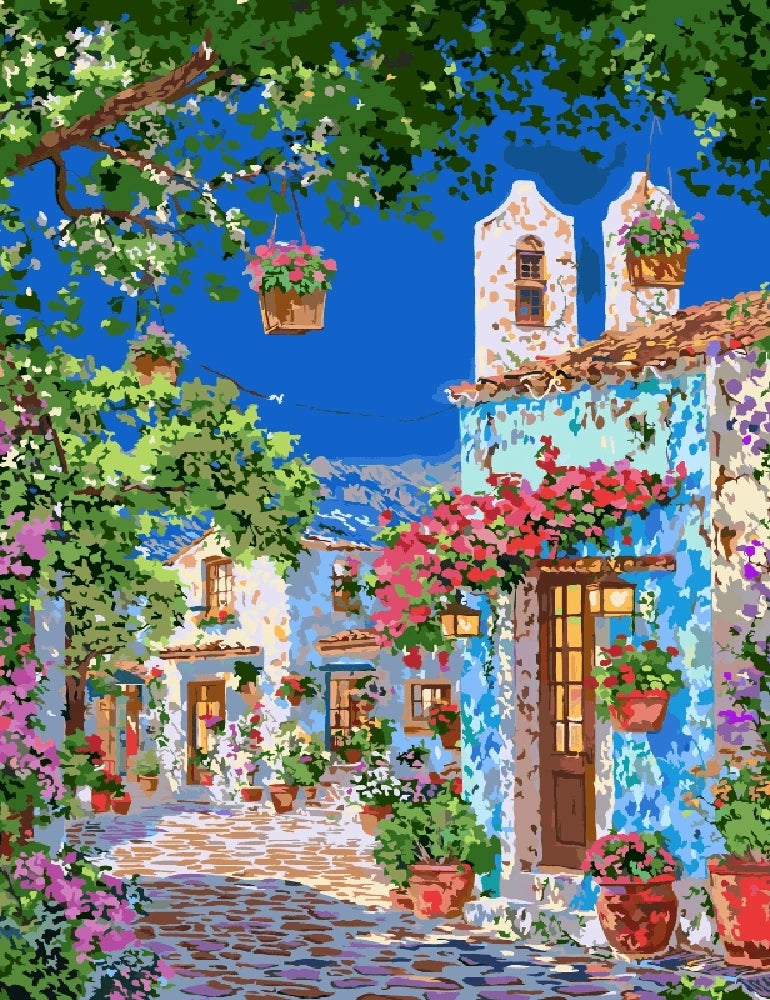 A colorful painting of a house surrounded by vibrant flowers and lush plants in a sunny garden setting.
