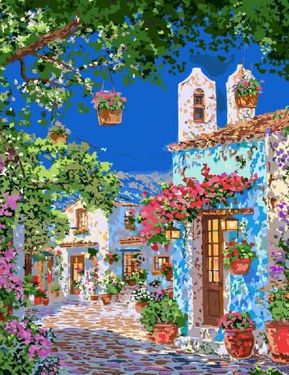 A colorful painting of a house surrounded by vibrant flowers and lush plants in a sunny garden setting.
