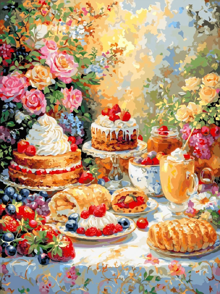 A painting depicting a table adorned with various cakes and an assortment of food items.