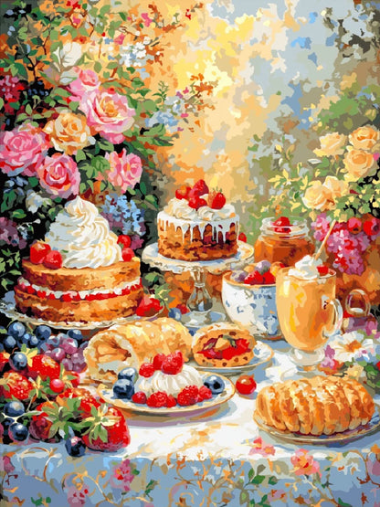 A painting depicting a table adorned with various cakes and an assortment of food items.