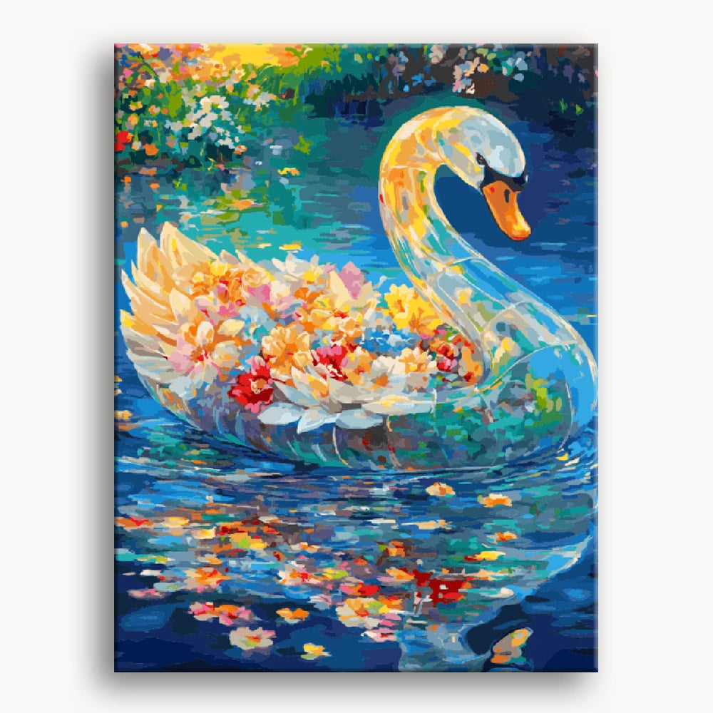 A serene painting of a swan gliding on water surrounded by colorful flowers.