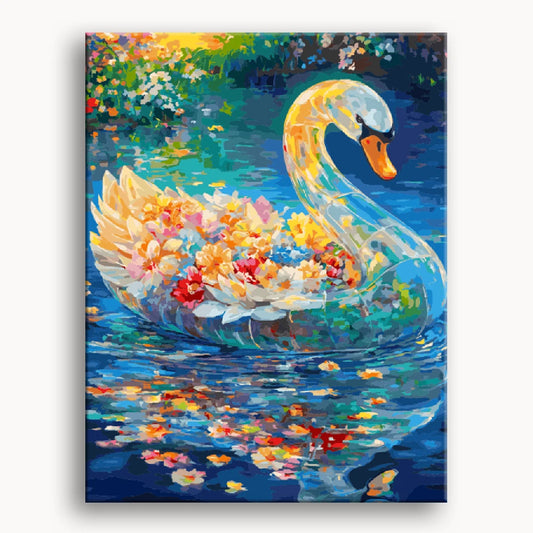 A serene painting of a swan gliding on water surrounded by colorful flowers.