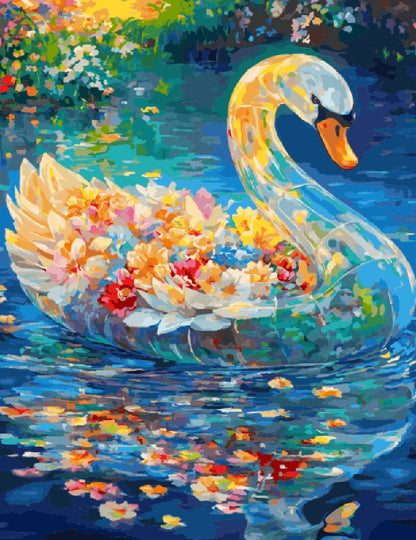 A serene painting of a swan gliding on water surrounded by colorful flowers.