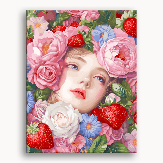 A woman stands amidst vibrant flowers and ripe strawberries, creating a colorful and lively outdoor scene.