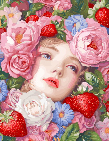 A woman stands amidst vibrant flowers and ripe strawberries, creating a colorful and lively outdoor scene.