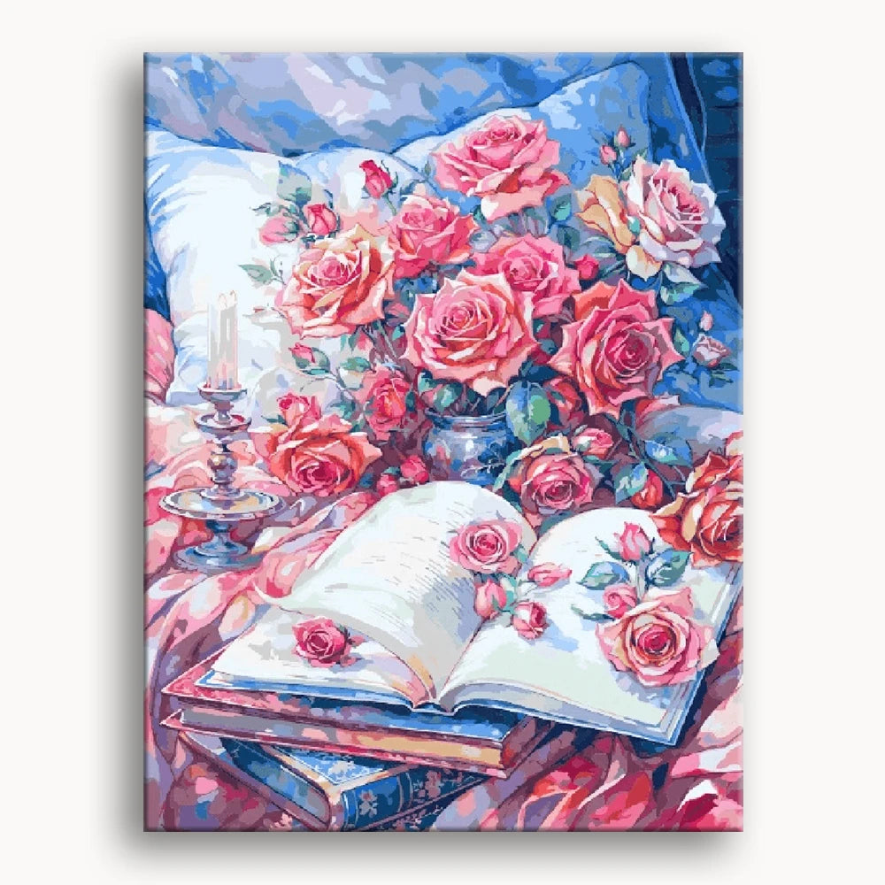 A painting depicting vibrant roses and stacked books resting on a neatly made bed.