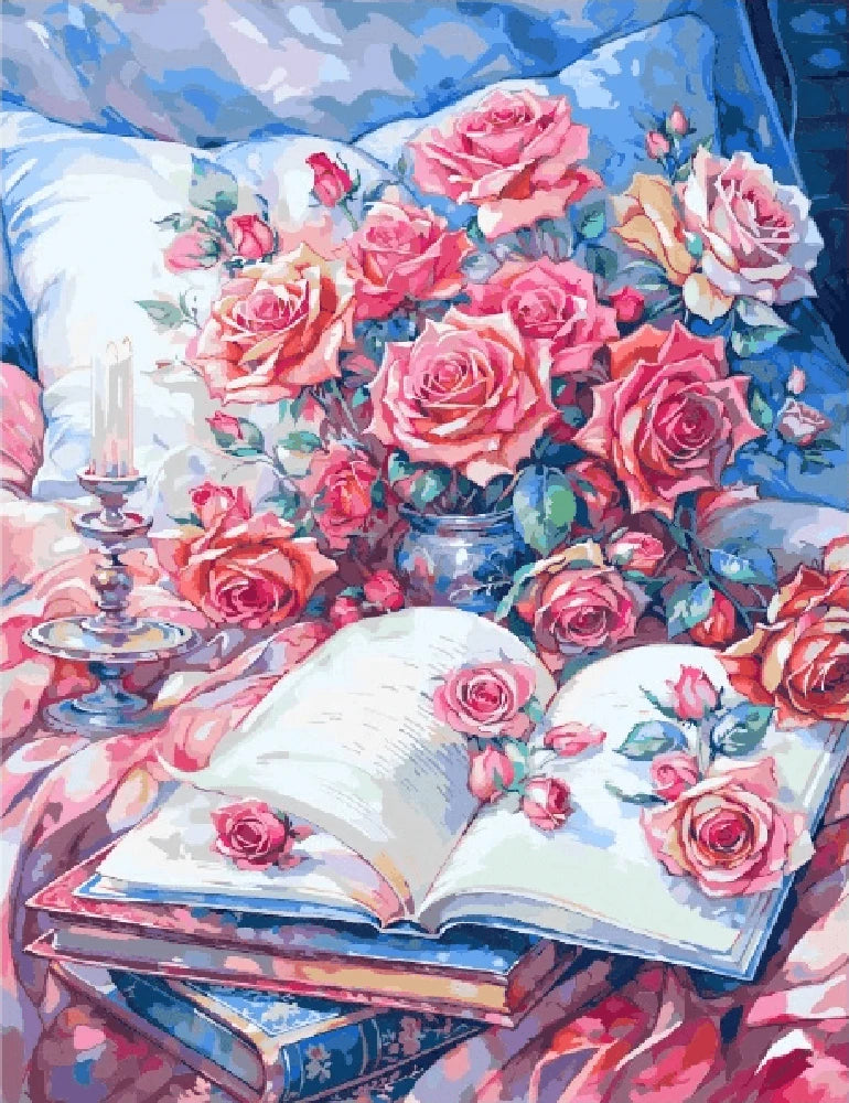 A painting depicting vibrant roses and stacked books resting on a neatly made bed.