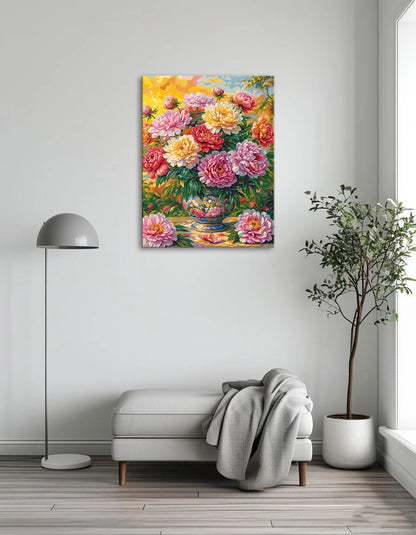 A colorful painting of a vase overflowing with various flowers, showcasing vibrant petals and lush greenery.