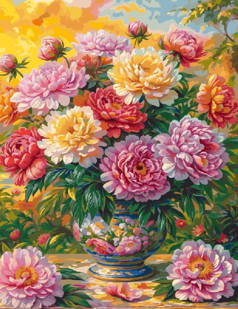 A colorful painting of a vase overflowing with various flowers, showcasing vibrant petals and lush greenery.