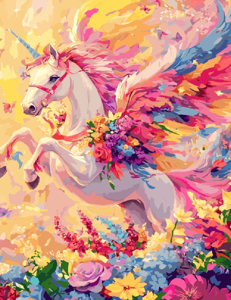 A vibrant painting of a unicorn with colorful wings, set against a whimsical background.